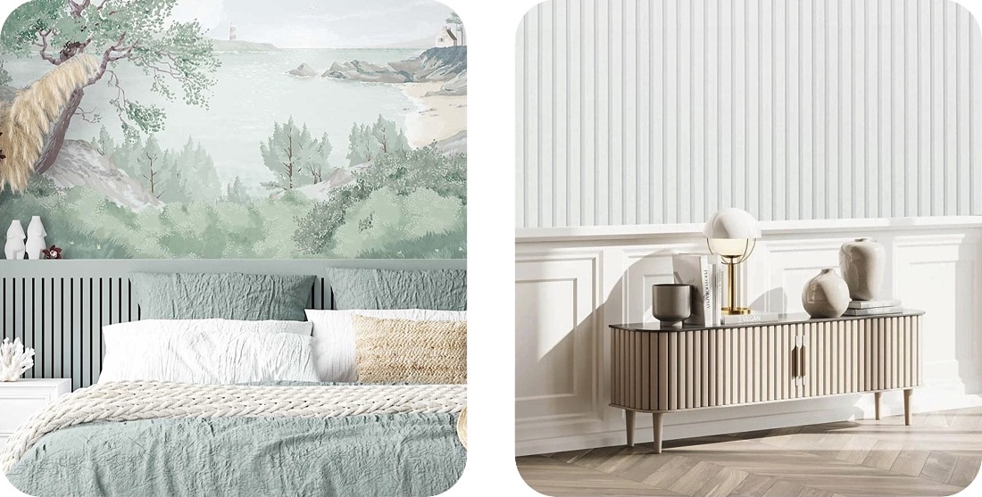 scenic landscape mural and white textured wallpaper